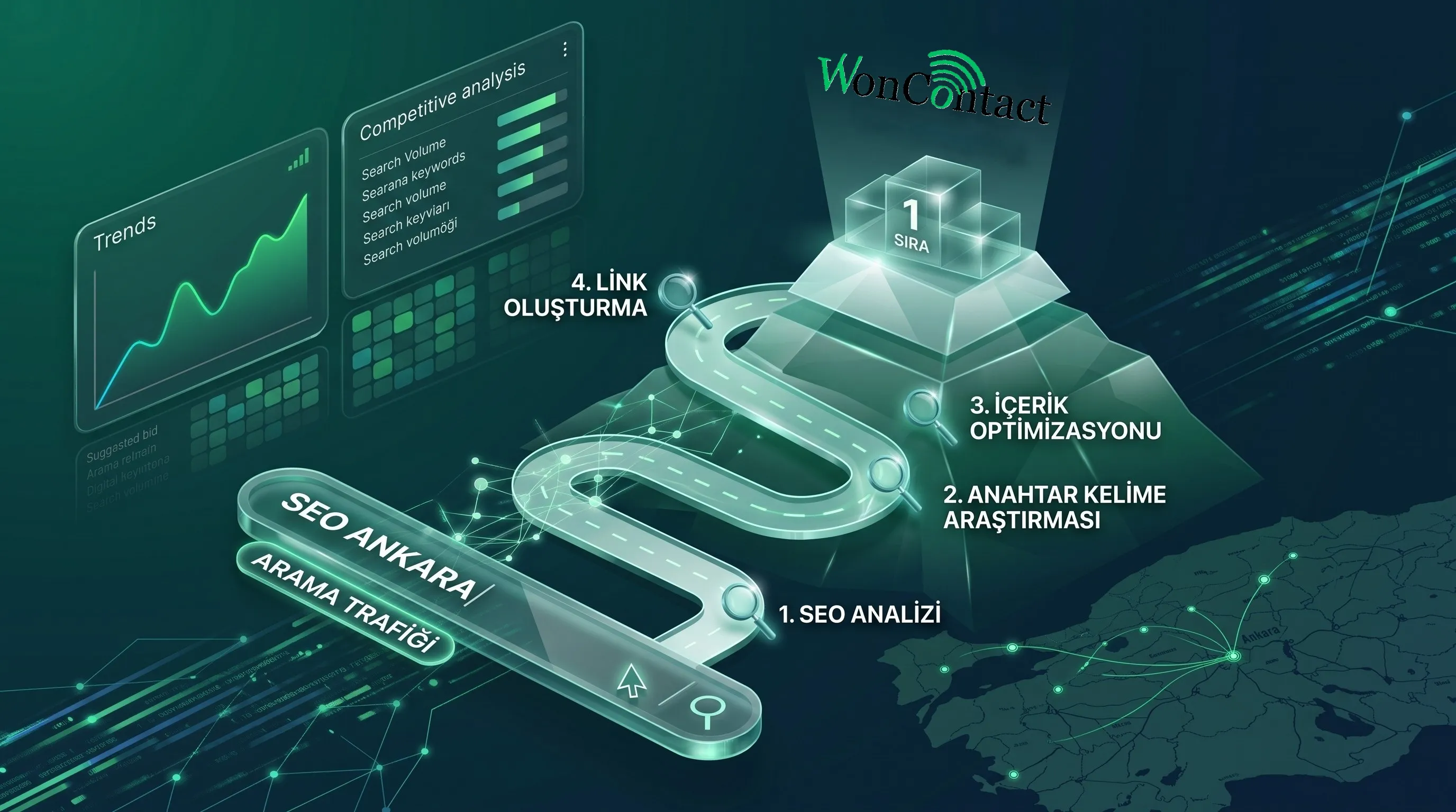 Dağa çıkan dolambaçlı bir yolu, büyüteçleri ve arama çubuğunu gösteren minimalist illüstrasyon, SEO yolculuğunu temsil ediyor.