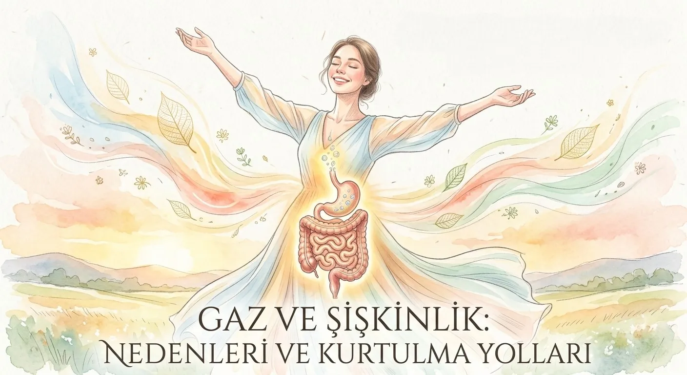Gaz ve şişkinliği azaltmış, hafiflemiş ve rahatlamış hisseden bir kişinin açık ve havadar illüstrasyonu. Akışkan bir elbise ve hafif renkler, rahatlık ve iyilik halini vurguluyor.