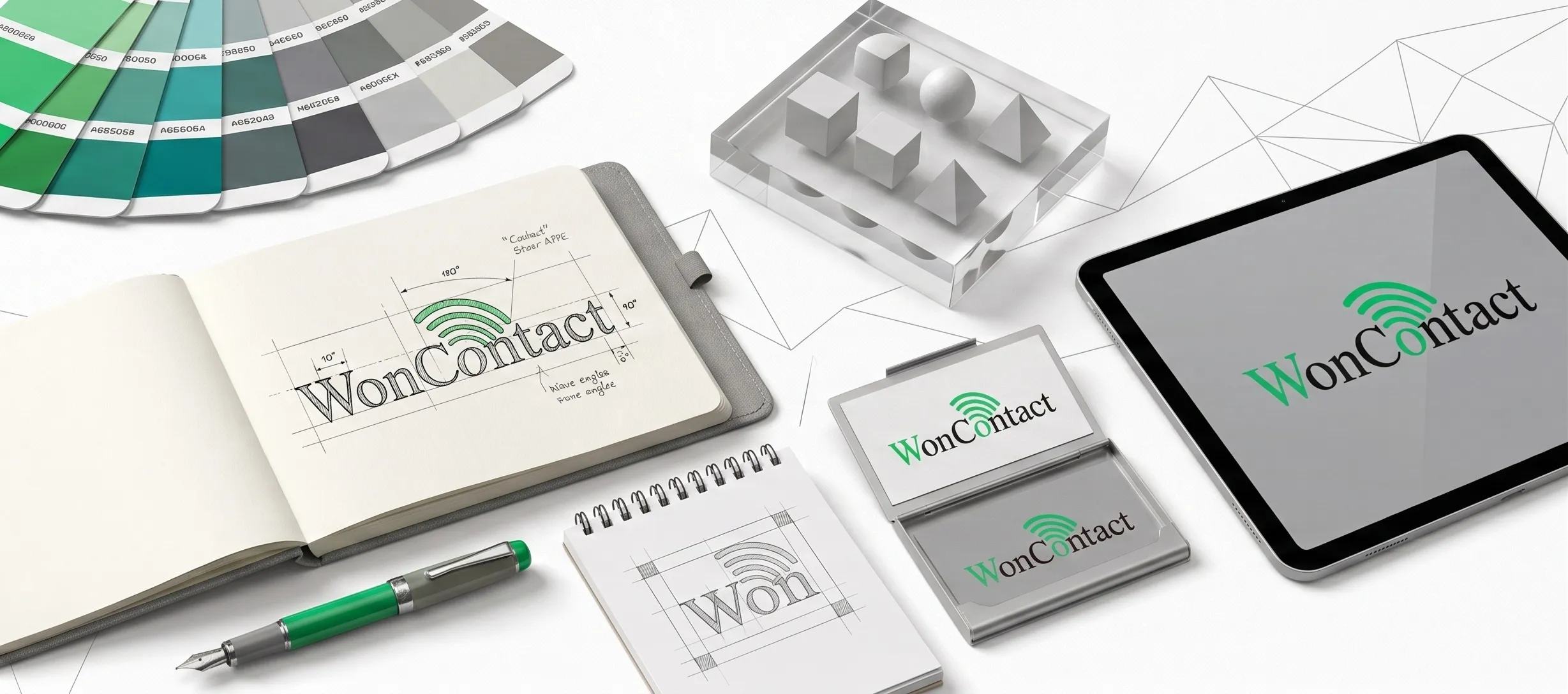 Tasarım araçları (defter, kalem, renk örnekleri, logo taslağı) içeren modern düz bir düzen
