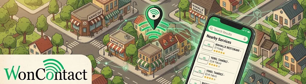 Yerel bir mahallede harita pini ve dijital bağlantılarla akıllı telefon ekranını gösteren bir illüstrasyon, topluluğu ve dijital erişimi vurguluyor.