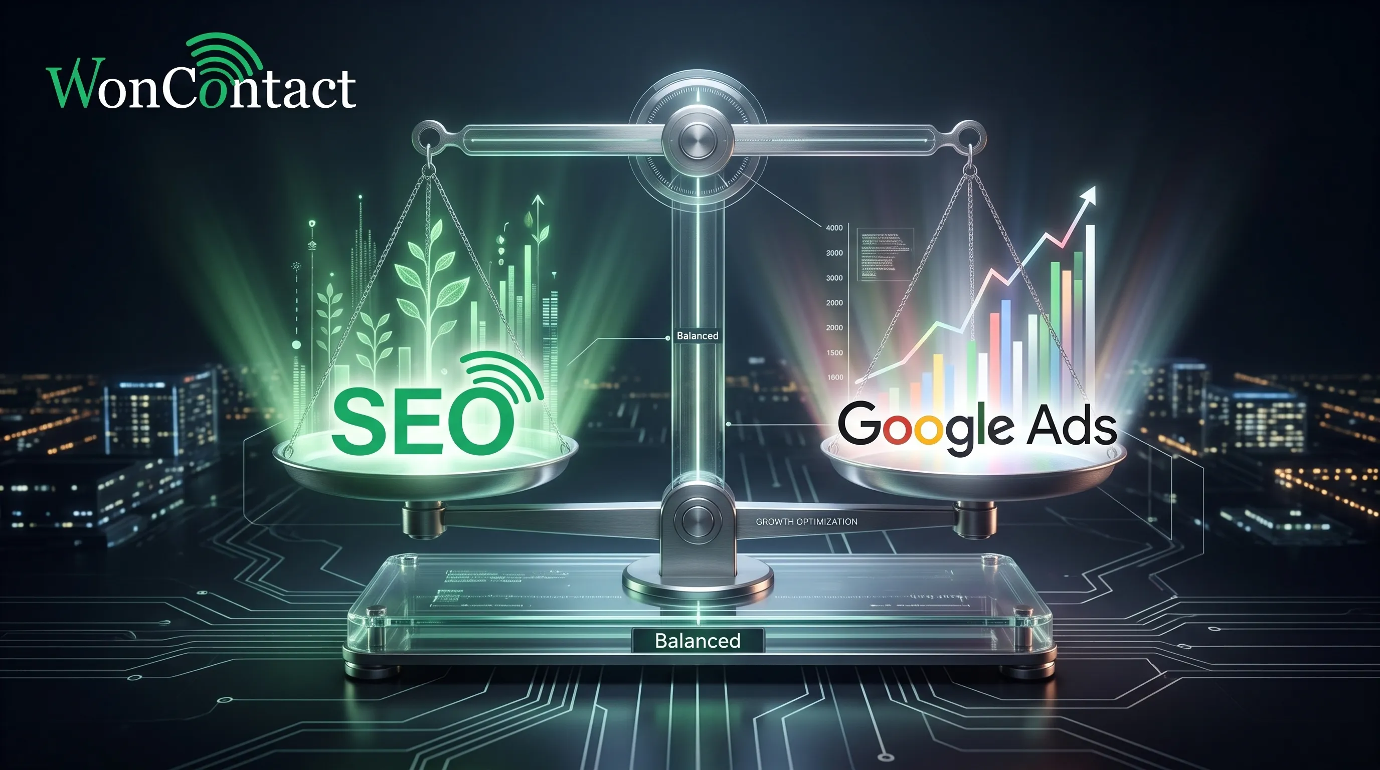 Dengede duran bir terazi, bir kefede 'SEO', diğer kefede 'Google Ads' yazısı ve ikisinden yükselen büyüme ışınları
