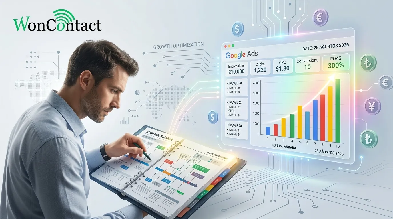 Dijital bir pano üzerinde Google Ads metrikleri ve yükselen bir çubuk grafik gösteren estetik ve profesyonel bir banner görseli. Stratejik bir planlayıcının etrafında çeşitli para birimi sembolleri yüzüyor, parlak, analitik bir ortamda.