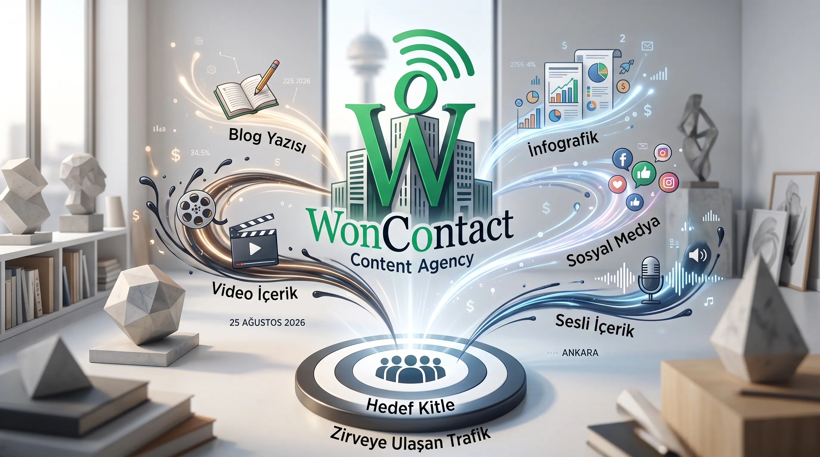 WonContact içerik ajansı: blog, video, infografik gibi farklı içerik formatları, yaratıcı bir ajans ikonundan hedeflenen kitleye doğru akıyor.