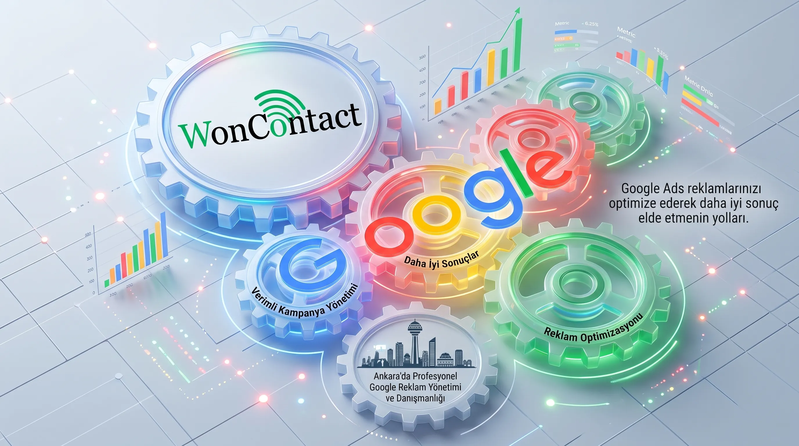 Google Ads optimizasyonunu simgeleyen dinamik renkli dişliler, verimli kampanya yönetimini temsil ediyor.