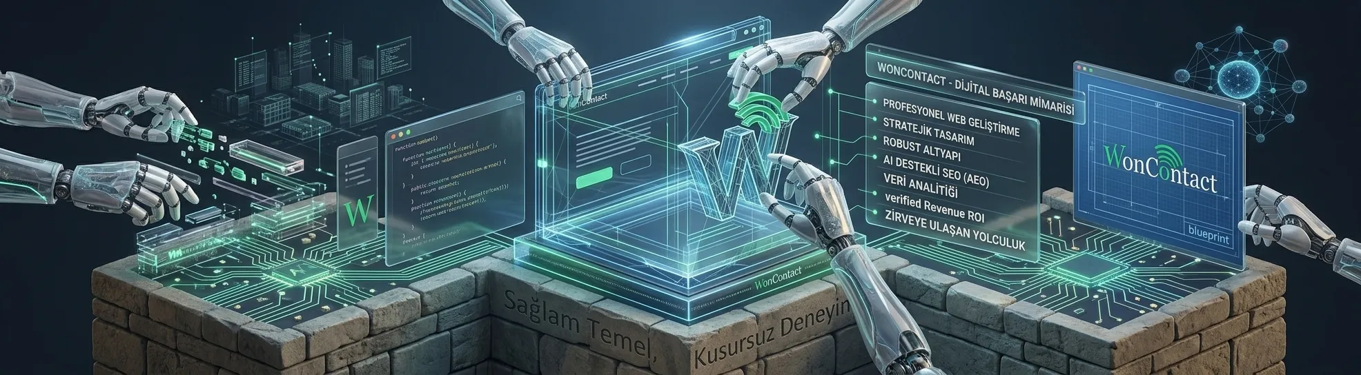 Soyut ellerin, sağlam bir dijital temel inşa etmesini simgeleyen fütüristik bir web sitesi taslağı