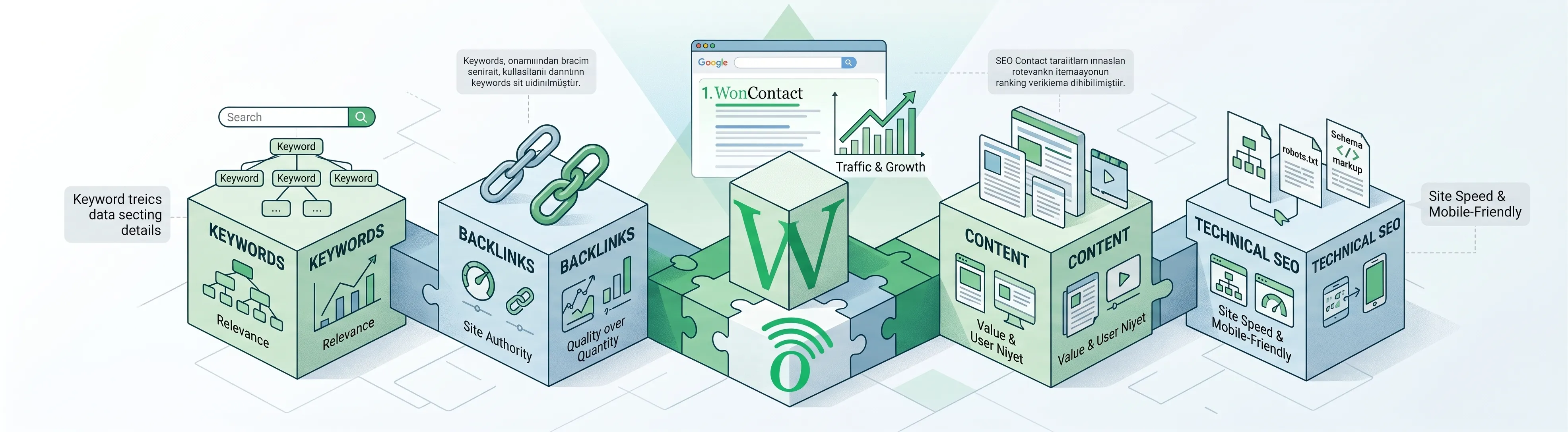Kapsamlı SEO Hizmetleri için infografik stilinde illüstrasyon